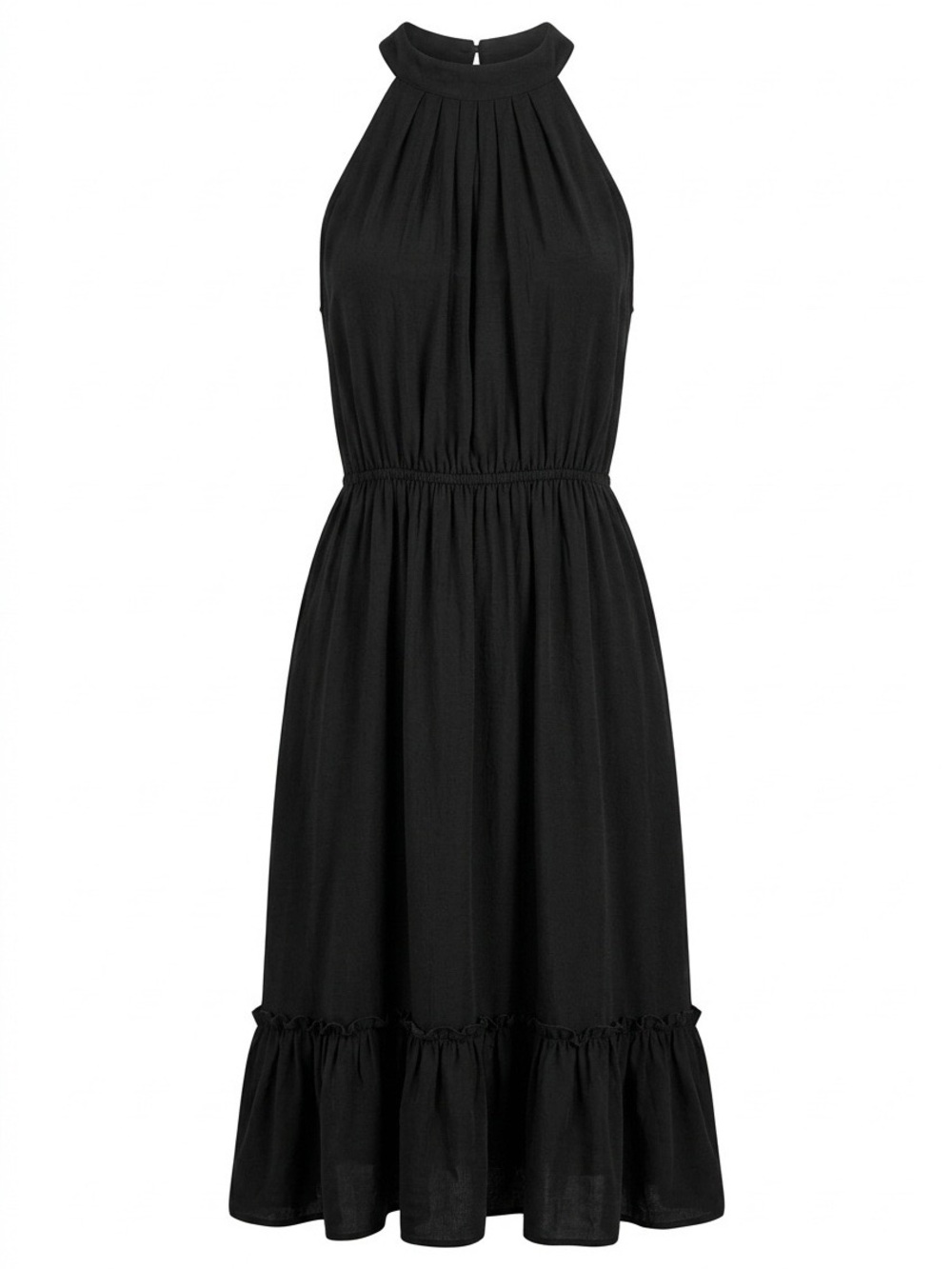 Halter Neck Black Midi Dress with Ruffle Hem